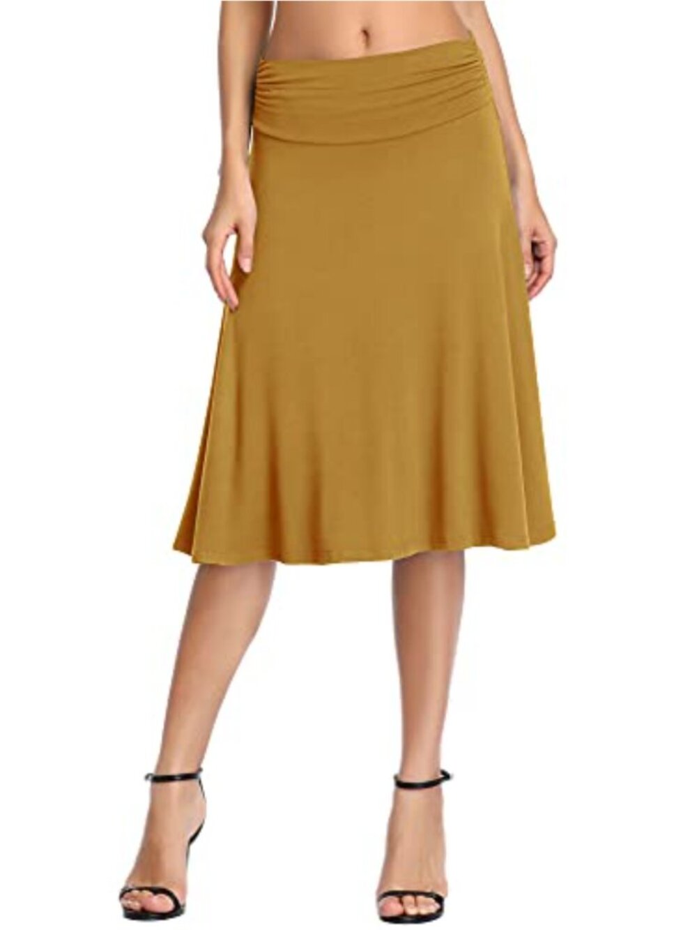 Ruched High Waist Knee Length A-Line Flared Stretchy Casual Skirt